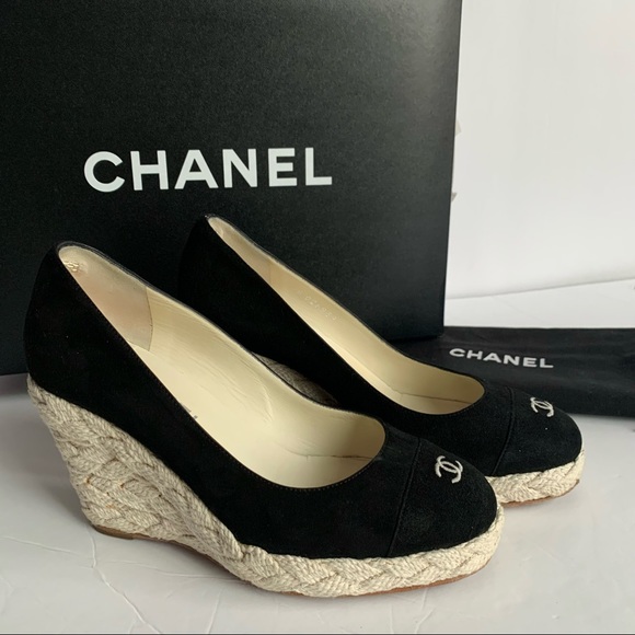 CHANEL Shoes - 💎✨Gorgeous✨💎 Chanel Black Suede Leather Cap Toe Espadrille Wedges Authentic!
